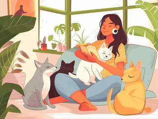 woman enjoys spending time at home with her pets