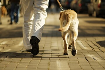 A snapshot showing the rear view of a person walking a dog on a sunny city street, depicting urban life and pet ownership