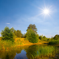 calm summer ruver at sunny day, seasonal outdoor landscape