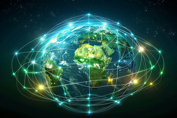 Earth, illustration global trade and commerce, with detailed trade lines connecting continents, network, connectivity, wireless, communication, internet