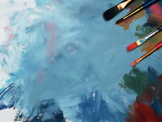 Paints and brushes, background with copy space in the middle, influenced by paint palette, brushes
