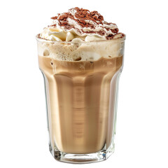 A creamy iced coffee in a glass, topped with whipped cream and a sprinkle of cocoa powder, isolated on a transparent background.

