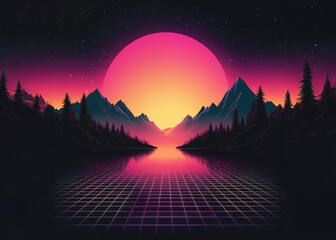 Landscape skyline with neon light grid, sun and mountains. Sci-fi, futuristic illustration. Retrowave, synthwave or vaporwave 80's