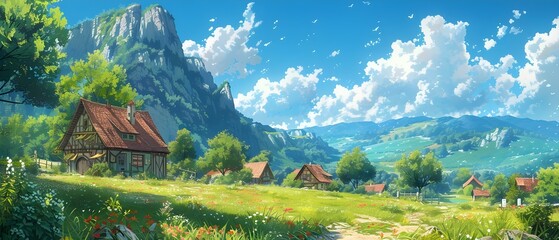 Create an anime scene of a quaint village with rolling hills. Concept Anime, Village, Rolling Hills, Quaint, Scenic
