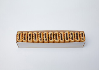Appetizers, baked yellow flour filling copy paste isolated from white background