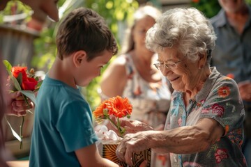 A heartwarming scene as a young boy gives a bouquet of flowers to an appreciative elderly woman, capturing a tender multigenerational exchange