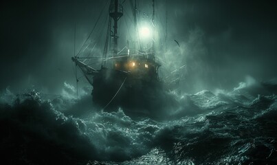 Night, rough waves, a fishing boat, sea water reflections, fog and mist, dark atmosphere, fantasy style，Mystical 4K Wallpaper of a Mysterious Night Seascape