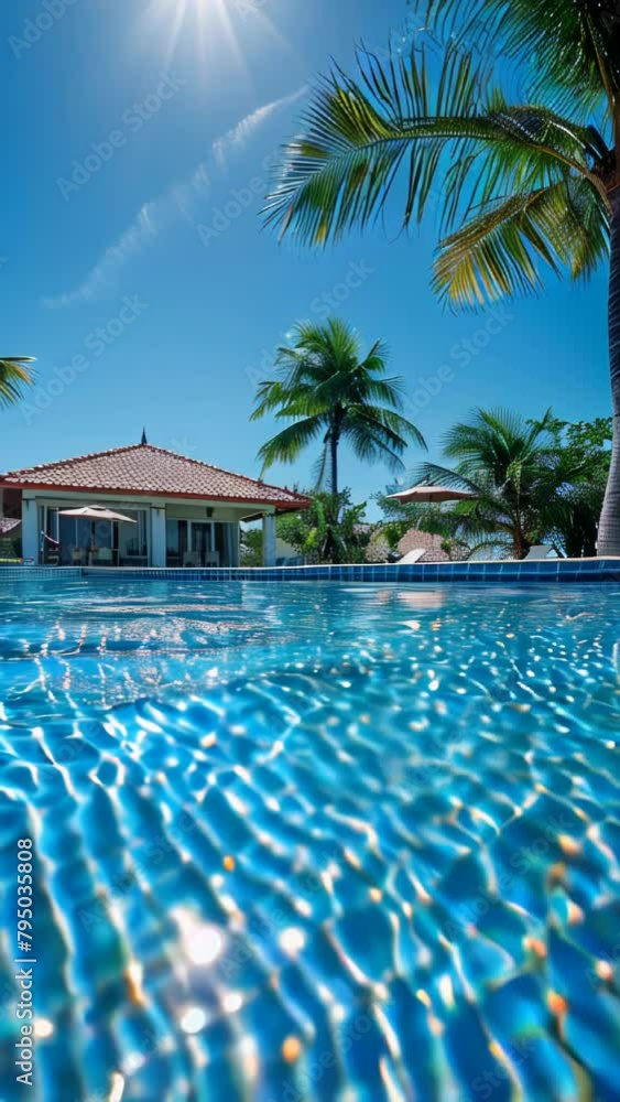Poster a pool with palm trees in the background. the water is clear and calm. the pool is surrounded by a w