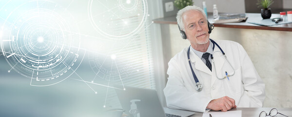 Portrait of doctor during online medical consultation; panoramic banner