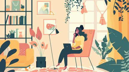 Stay home banner template. girl sitting at home. Self
