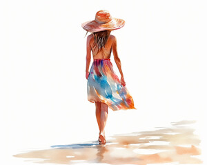 Girl in hat and pareo skirt walking on beach. The sea and sun. Watercolor illustration.