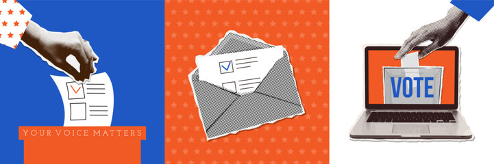 Ballot box voting, online vote, mail polling square banners set. Halftone collage banners collection with hands. Vector poster concepts for web. Trendy vintage vector illustration.