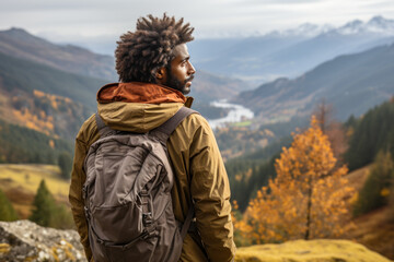 Fototapeta na wymiar A man travels in the mountains with a backpack.