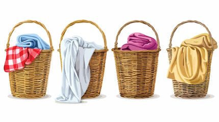 Four different wicker baskets with laundry 