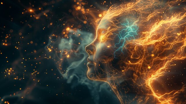 Virtual Digital Human head, Artificial Intelligence concept(AI). Abstract illustration of a head with glowing and fire shining, machine learning concept. Mental health care, ezoteric concept.