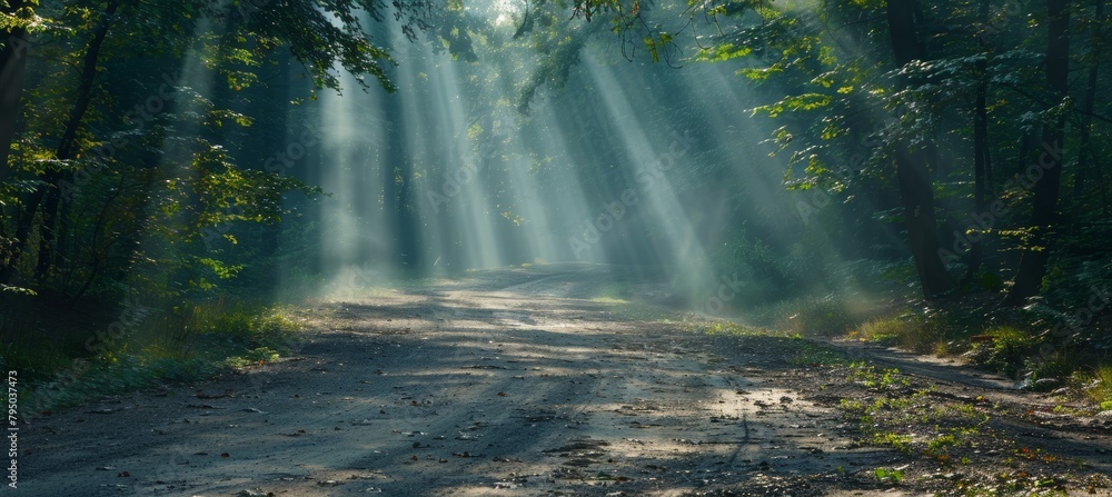 Poster sunlight filtering through the lush green forest creating beautiful rays of light