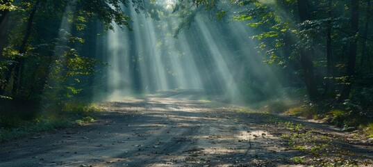 Fototapeta na wymiar Sunlight filtering through the lush green forest creating beautiful rays of light