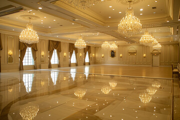 elegant ballroom with grand chandeliers and a dance floor
