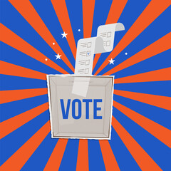 Election promo collage. Pop art banner with ballot in voting box and striped ray background. Collage for US Election 2024 campaign. Vector illustration