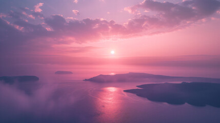 Pink foggy sunset at Santorini island Greece. 