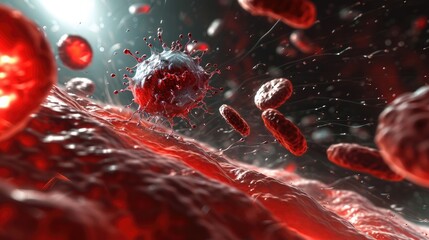 Leukemia cells in the bloodstream 3D medical illustration, scientific background