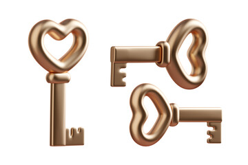 Cartoon icon key set with heart shaped elements from different sides. Key from heart. Love and relationship concept. 3d render illustration