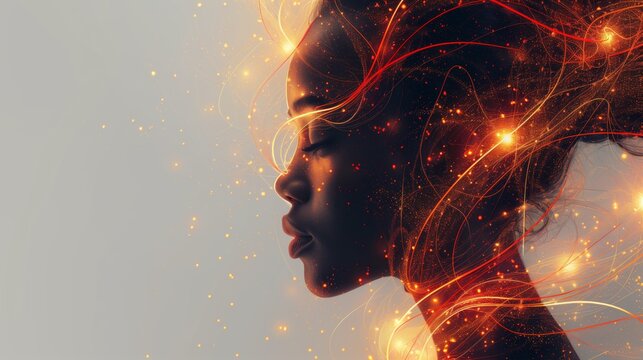 Poster of Digital African woman head, Artificial Intelligence concept. Abstract illustration of a head with glowing and fire shining, machine learning concept. Mental health care, ezoteric concept.