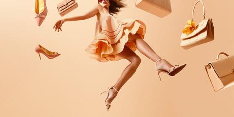 girl in a dress and high-heeled shoes jumping in the air on beige background. Fashion online shopping concept