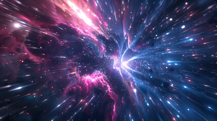 Fototapeta premium Hyperspace traveling through star fields flying extremely fast light speed trail.