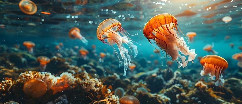 Toxic spill in ocean kills marine life jellyfish and fish found dead. Concept Oil Spill, Marine Life, Environmental Disaster, Ocean Pollution, Wildlife Conservation