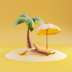 3d sandy island with sun umbrella, palm tree, and lounge chair on yellow background. Summer sea vacation, traveling to tropical country.