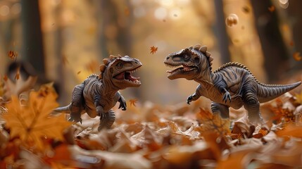 Carnotaurus puppies practicing their pounce on autumn leaves