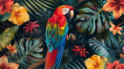 Tropical flowers and parrot seamless pattern on black background