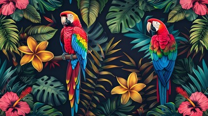 Tropical flowers and parrot seamless pattern on black background