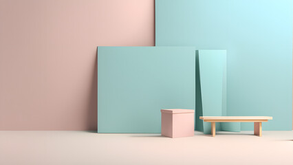 A blue and pink wall with a pink cube and a wooden bench in front of it