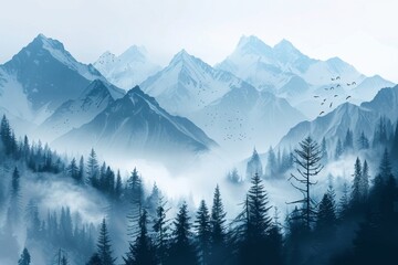 Fototapeta premium Landscape of misty mountains and pine trees