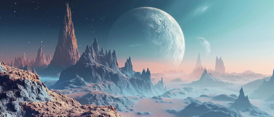Otherworldly landscape on an alien planet, featuring bizarre rock formations and unknown alien...