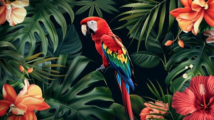 Tropical flowers and parrot seamless pattern on black background