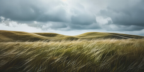 Panoramic view of a wheat field under a cloudy sky, windy weather.