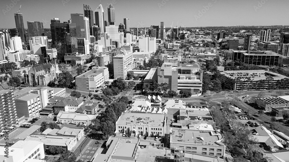 Poster Skyline of Perth from a drone viewpoint. Downtown aerial view on a beautiful day