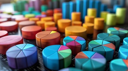 3D render of colorful pie charts and bar graphs on a table