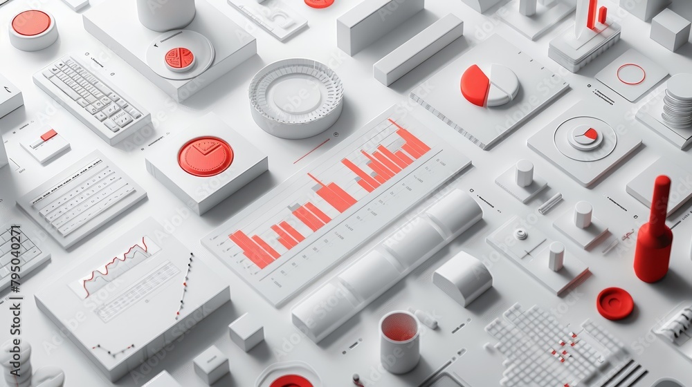 Poster a 3d render of a white and red futuristic user interface with various graphs, charts, and other widg