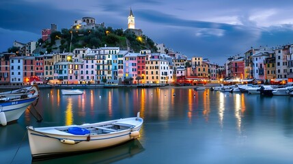 Mystic landscape of the harbor with colorful houses and the boats in Porto Venero, Italy, Liguria in the evening in the light of lanterns