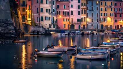 Mystic landscape of the harbor with colorful houses and the boats in Porto Venero, Italy, Liguria...