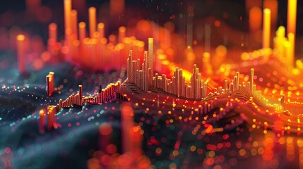 A 3D rendering of a city made of glowing orange and yellow skyscrapers with a blue haze in the background.