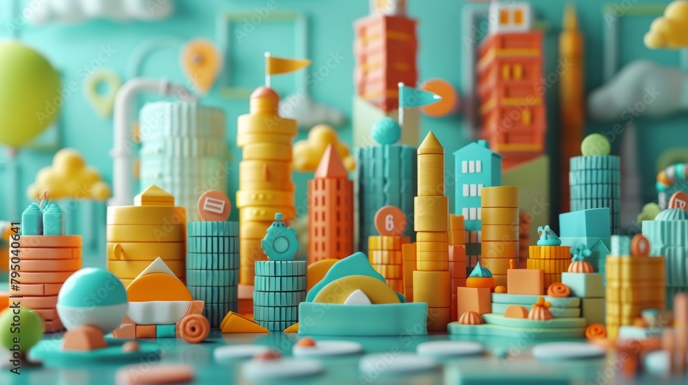 Aufkleber a 3d rendering of a colorful cityscape made of blocks and other shapes.