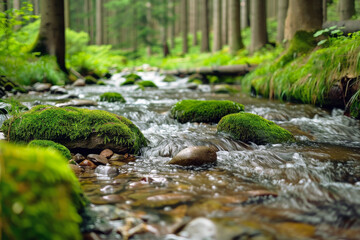 Verdant Forest Stream with Clear Water Flowing Quietly, Blurred Foreground Rocks and Moss, A Peaceful, Serene Scene