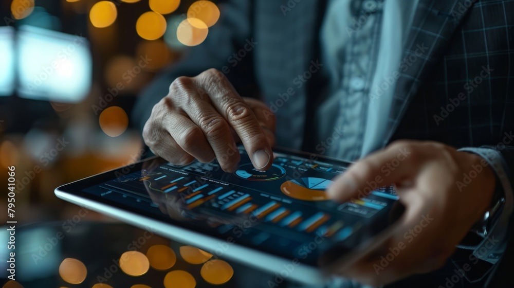 Poster a businessman is using a tablet to view financial data.
