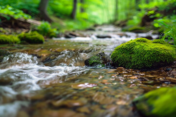 Verdant Forest Stream with Clear Water Flowing Quietly, Blurred Foreground Rocks and Moss, A Peaceful, Serene Scene