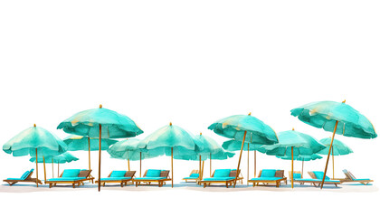 Beach umbrellas and sunbeds. Sea and sun. Horizontal watercolor illustration. 